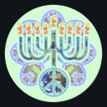 Adesivo Earth Peace Menorah Stickers<br><div class="desc">Menorah com símbolo de paz em padrão terrestre. Design Chanukah.</div>