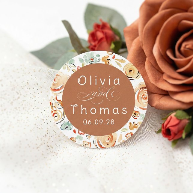 Adesivo Earthy Floral Whimsical Elegant Fall Wedding (Whimsical Earthy Wedding Stickers with couples names)