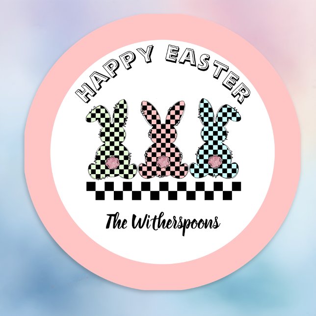 Adesivo Easter Bunny Checkerboard Pink Green Teal Monogram (Criador carregado)