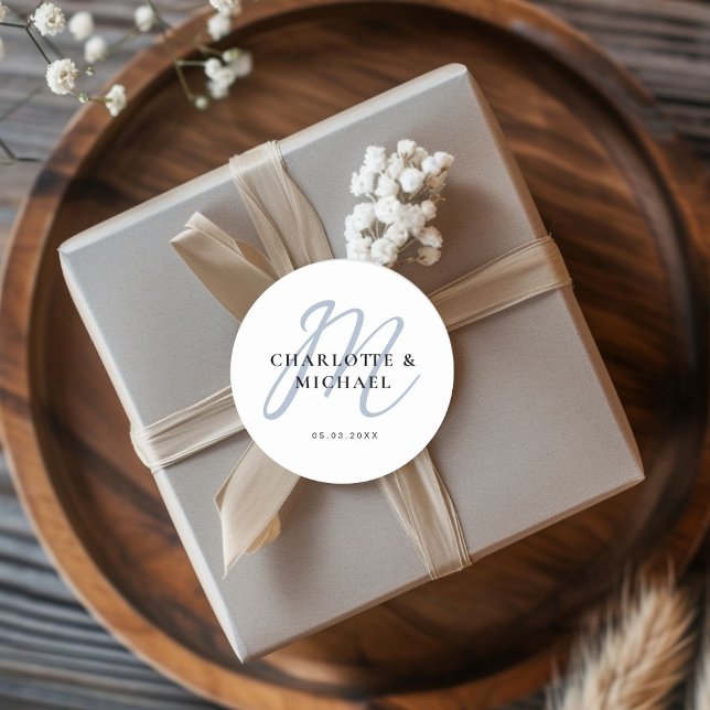 Adesivo Einfach, elegant, Monogramm (Simple, elegant, monogram classic round sticker with your name and date.)