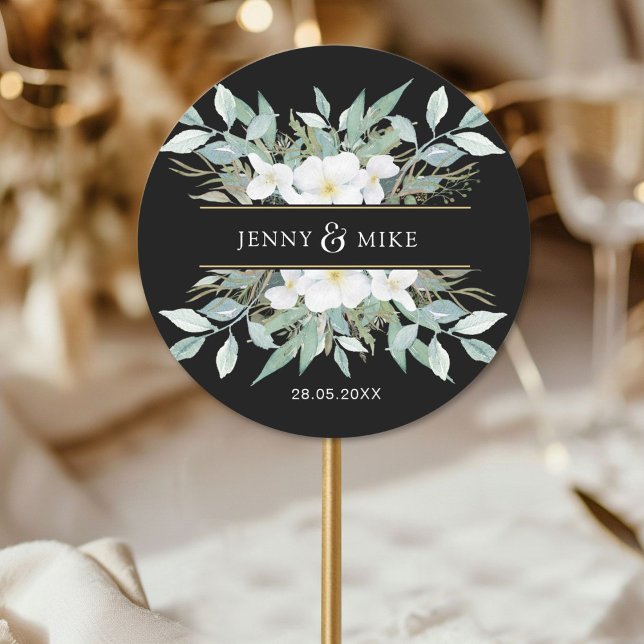 Adesivo Einfache, elegante Eukalyptus (Simple, elegant eucalyptus classic round sticker with your name and date.)