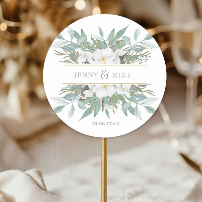 Adesivo Einfache, elegante Eukalyptus (Simple, elegant eucalyptus classic round sticker with your name and date.)