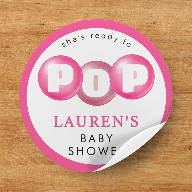 Adesivo Ela está pronta para Pop Bubblegum, Chá de fraldas (She's Ready To Pop Bubblegum Pink Girl Baby Shower Classic Round Sticker
)