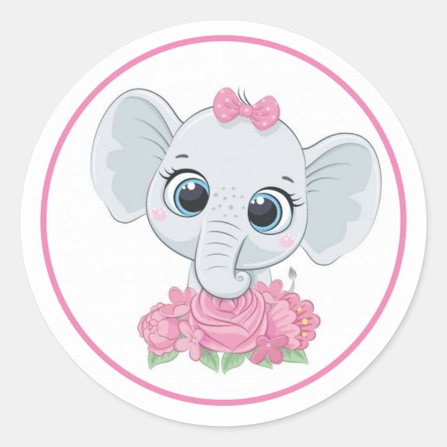 Adesivo Elefante Adorável Com Flores Rosa (Frente)
