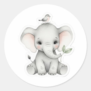 Adesivo Elefante Adorável para Bebê com Pássaro e Folha