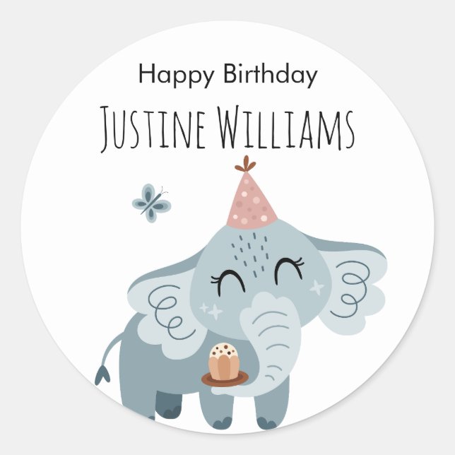 Adesivo Elefante com bolo de aniversário e chapéu de festa (Frente)