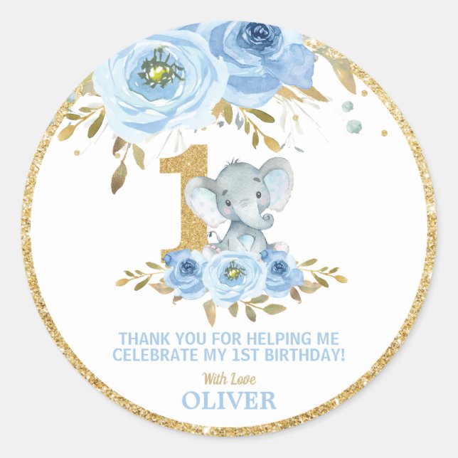 Adesivo Elefante primeiro aniversario Azul Floral Obrigado (Frente)