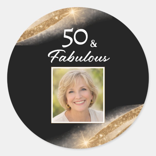 Adesivo Elegant 50 & Fabulous Black Gold Photo Birthday (Frente)
