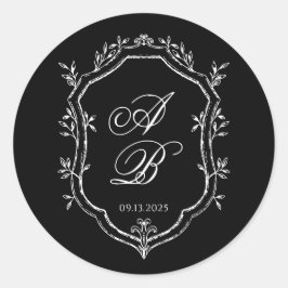 Adesivo Elegant Black Floral Crest Monogram Script Wedding