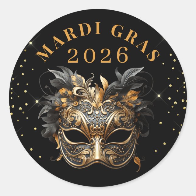 Adesivo Elegant Black Gold Glitter Mardi Gras 2026 (Frente)