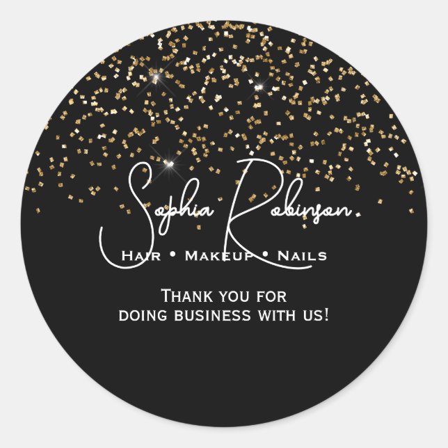 Adesivo Elegant Black & Gold Glitter Thank You Sticker (Frente)