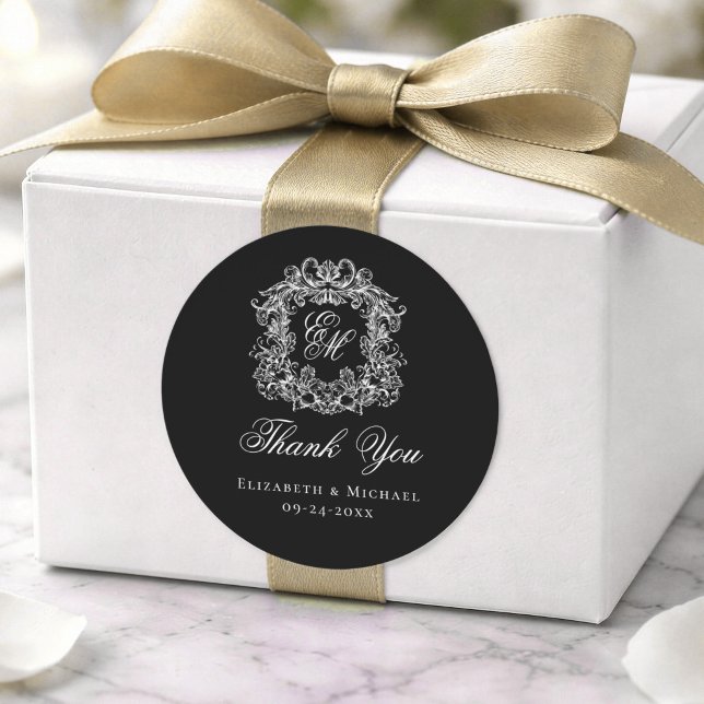 Adesivo Elegant Black Monogram Wedding Crest Thank You (Criador carregado)