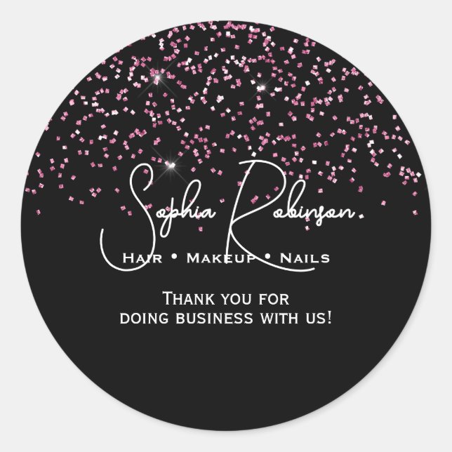 Adesivo Elegant Black & Pink Glitter Thank You Sticker (Frente)
