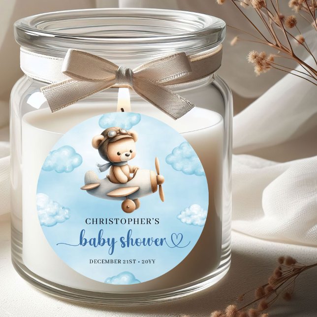 Adesivo Elegant Blue Brown Teddy Bear Pilot Boy Baby Showe (Elegant Blue Brown Teddy Bear Pilot Boy Baby Shower Sticker

)