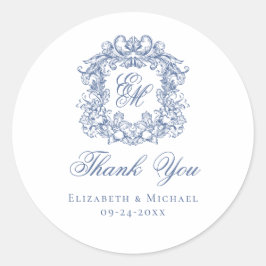 Adesivo Elegant Blue Monogram Wedding Crest Thank You