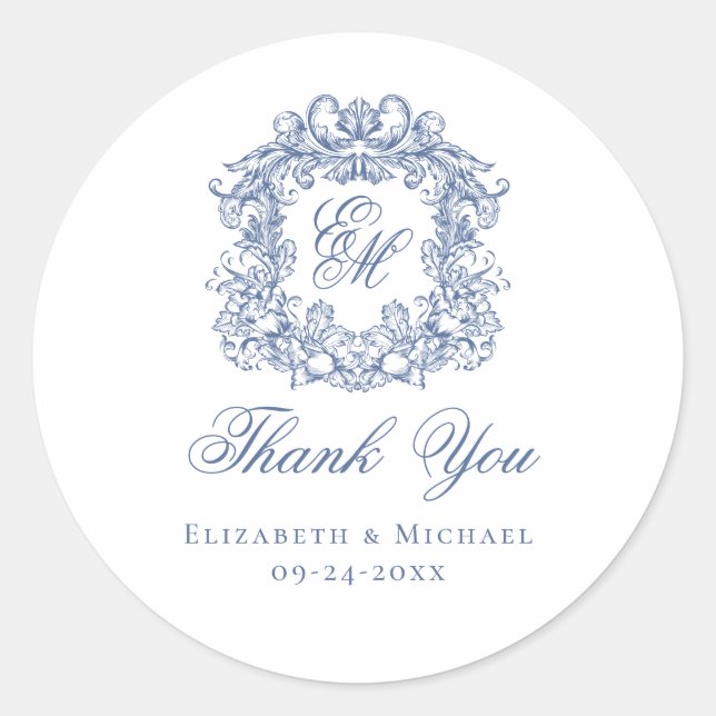 Adesivo Elegant Blue Monogram Wedding Crest Thank You (Frente)