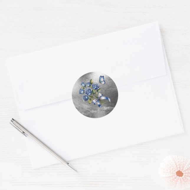 Adesivo Elegant Blue Roses and Butterfly Silver Wedding (Envelope)