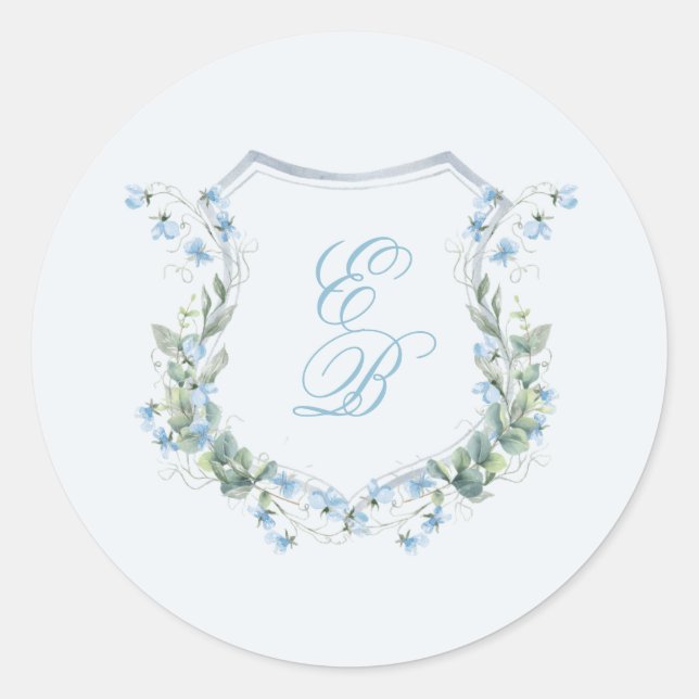 Adesivo Elegant Dusty Blue Floral Crest Wedding (Frente)