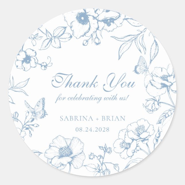 Adesivo Elegant Dusty Blue Floral Wedding Thank You (Frente)