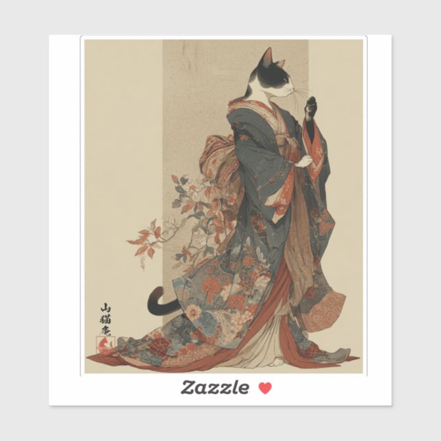 Adesivo "Elegant Grace" Japanese Cat in Kimono Art (Folha)