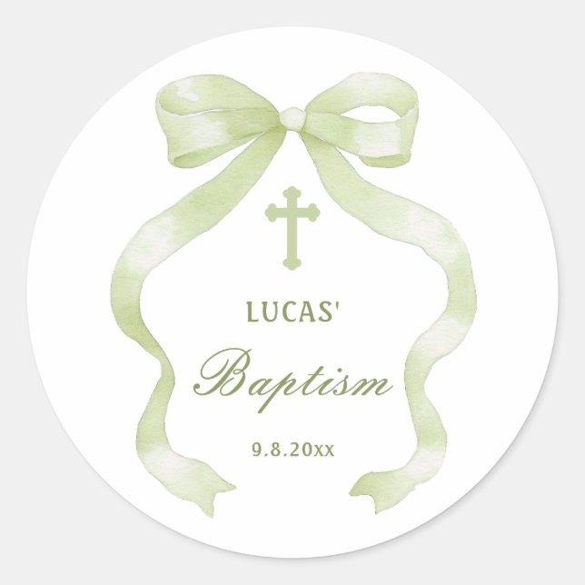 Adesivo Elegant Green Bow Baptism Classic Round Sticker (Frente)