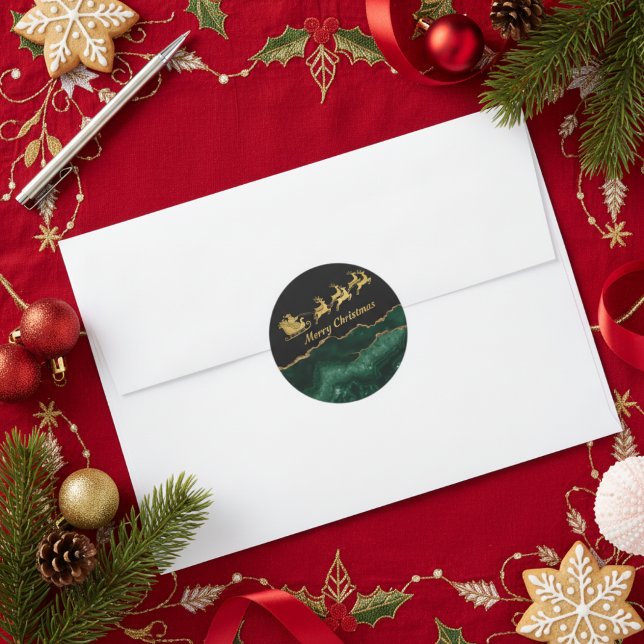 Adesivo Elegant Green Gold Santa Sleigh Merry Christmas (Criador carregado)