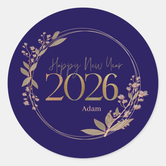 Adesivo Elegant Happy New Year 2026 Blue & Gold Personaliz (Frente)