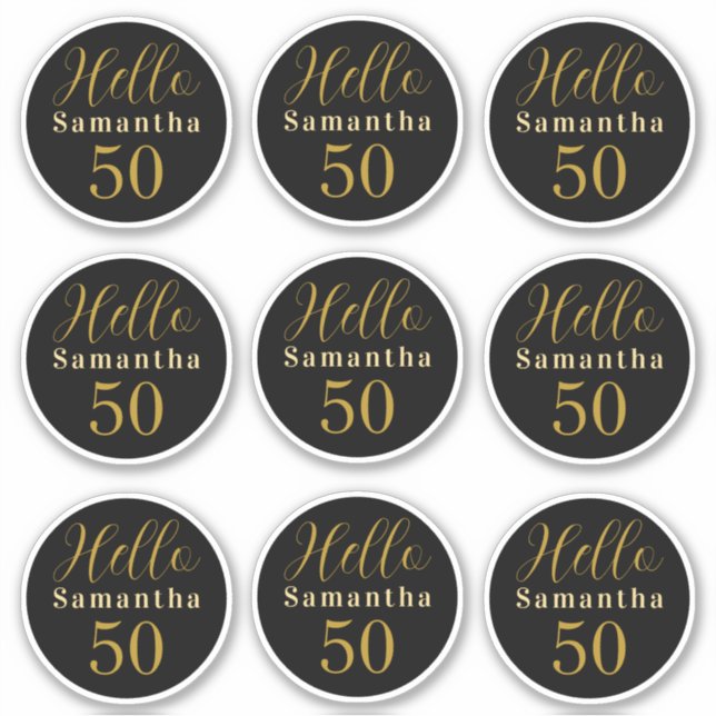 Adesivo Elegant Hello 50 Black Gold Personalized Birthday (Frente)