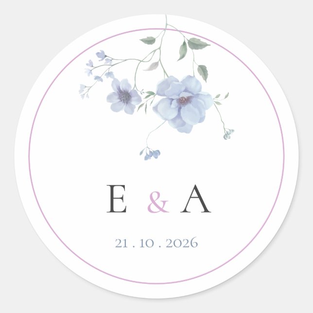 Adesivo Elegant Monogram Pink & Blue Floral Wedding  (Frente)