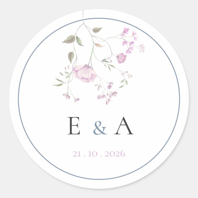 Adesivo Elegant Monogram Pink & Blue Floral Wedding  (Frente)