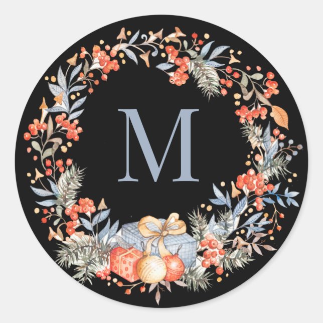 Adesivo Elegant Monogram Wreath Dusty Blue Modern (Frente)