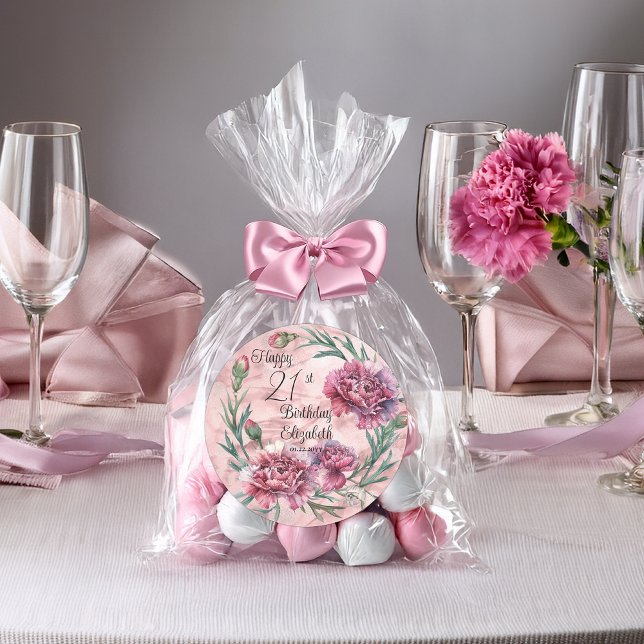 Adesivo Elegant Pink Carnations 21st Birthday Party  (Elegant Pink Carnations 21st Birthday Party Favor Classic Round Stickers - 2 Sizes)