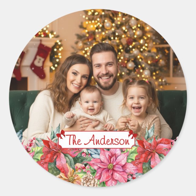 Adesivo Elegant Poinsettia Floral Border Custom Photo (Frente)