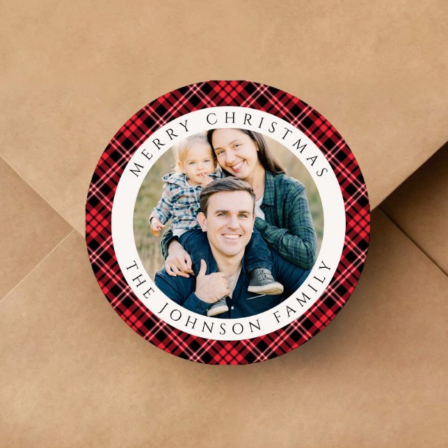 Adesivo Elegant Red Plaid Photo Christmas (Elegant Red Plaid Photo Christmas Classic Round Sticker)