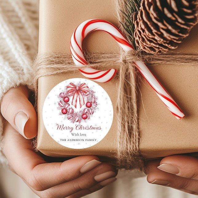 Adesivo Elegant Red white Christmas Wreath  (Red and white Christmas Wreath Round sticker)