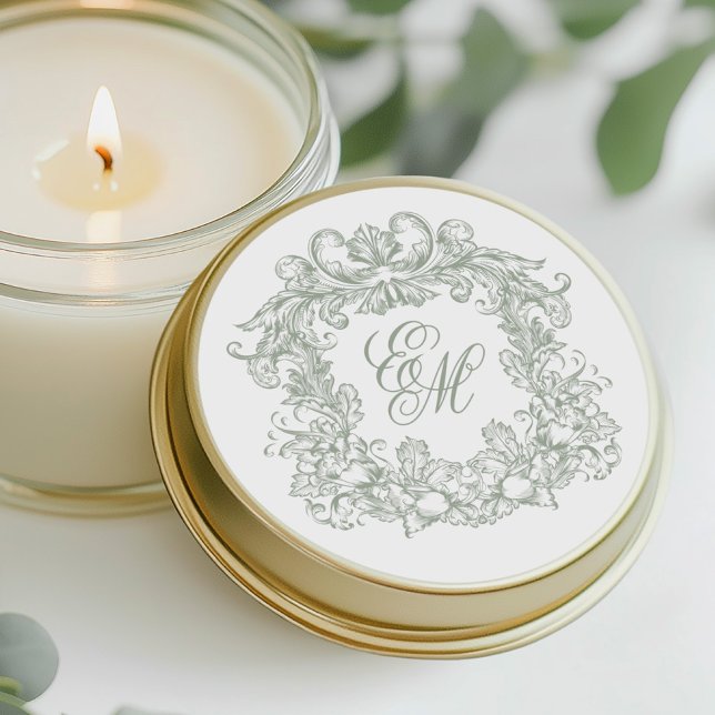 Adesivo Elegant Sage Green Vintage Monogram Crest Wedding (Criador carregado)