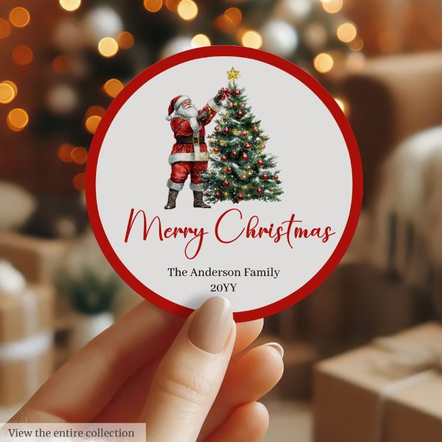 Adesivo Elegant Santa Claus Red White Script Font Holiday  (Santa Claus Christmas stickers in red white, rustic, and vintage festive style.)