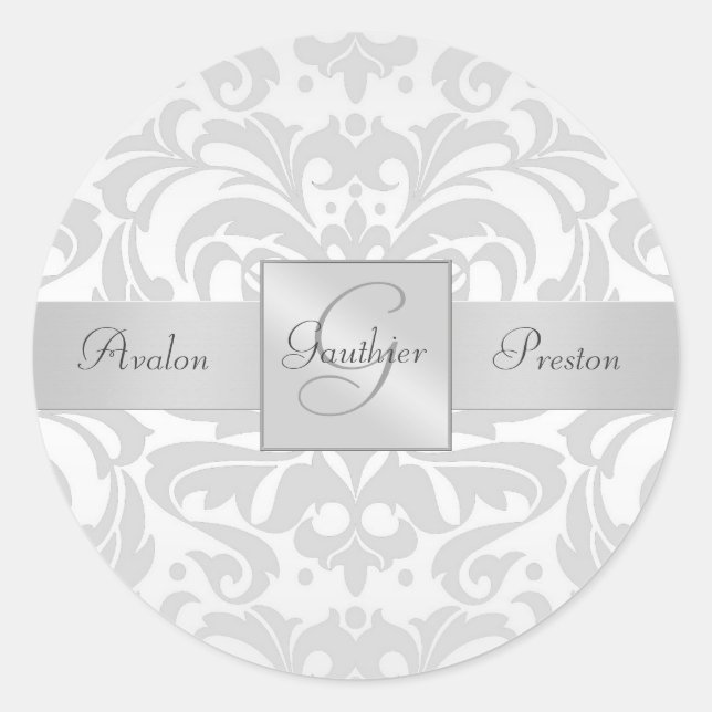 Adesivo Elegant Silver Damask Monogram Wedding Sticker (Frente)