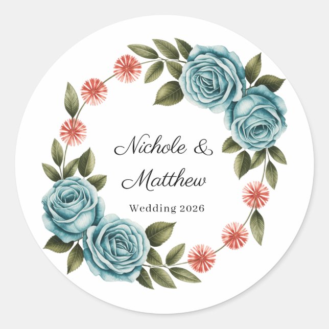 Adesivo Elegant Teal Rose & Orange Daisey Wedding (Frente)