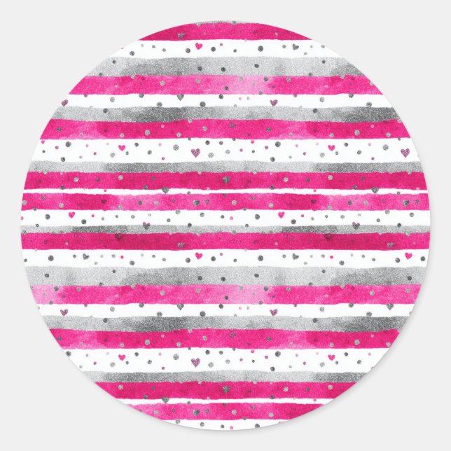 Adesivo Elegant Valentine Pink Silver Hearts on Striped (Frente)