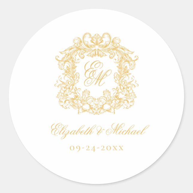Adesivo Elegant Vintage Gold Monogram Crest Wedding  (Frente)