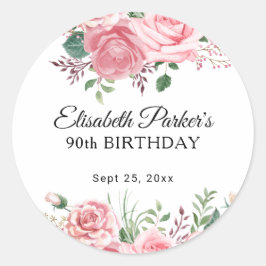 Adesivo Elegant watercolor pink floral 90th birthday favor