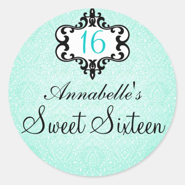 Adesivo Elegante Aqua & Black Chic Damask Sweet 16 Sticker (Frente)