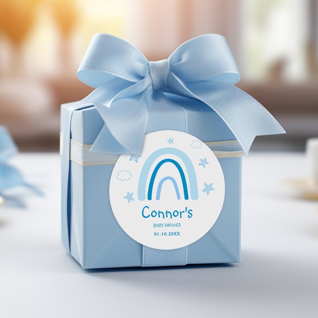 Adesivo Elegante Aquarela Chá de fraldas Arco-Íris Azul (Elegant Watercolor Blue Rainbow Baby Shower Classic Round Sticker)