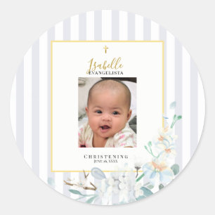 Adesivo Elegante Azul Dourado Floral Foto Batizado