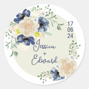 Adesivo Elegante Azul Indigo Nome do Casal Floral Data Mod