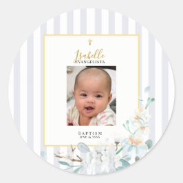 Adesivo Elegante Batismo de Foto Floral Azul Dourado