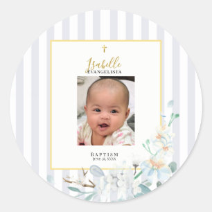 Adesivo Elegante Batismo de Foto Floral Azul Dourado