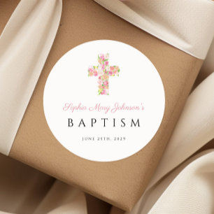 Adesivo Elegante Batismo Religioso Cruz Floral Rosa