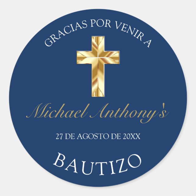 Adesivo Elegante Bautismo de Bebé Azul Dorado Gracias (Frente)